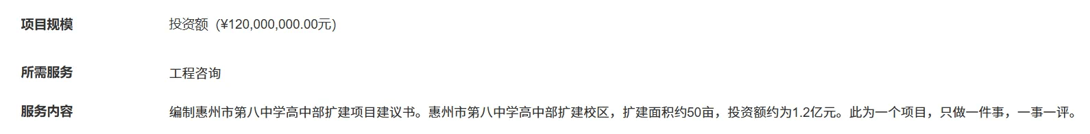 惠州市第八中学金泉校区拟扩建50亩，投资约1.2亿元